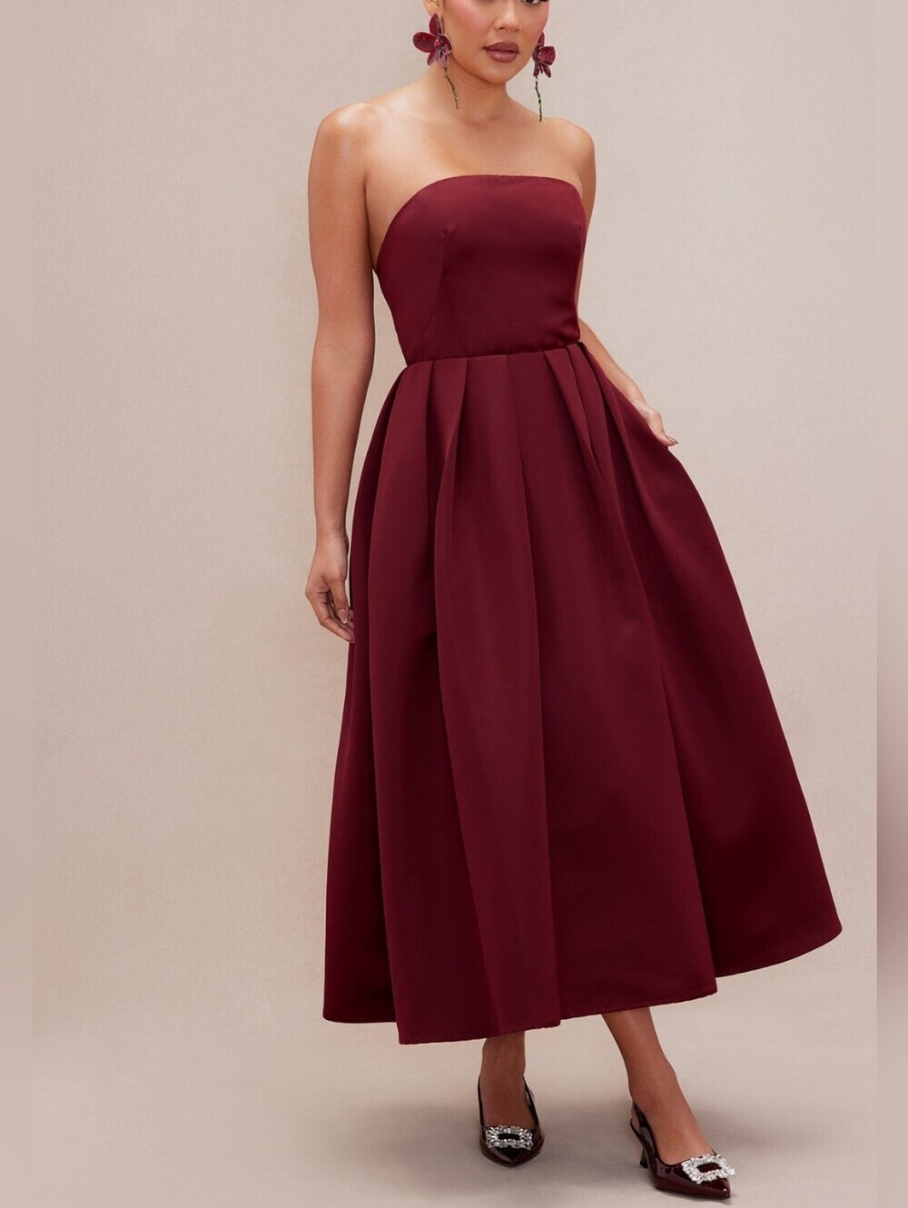 NOVALUXE Strapless Satin Midi Dress